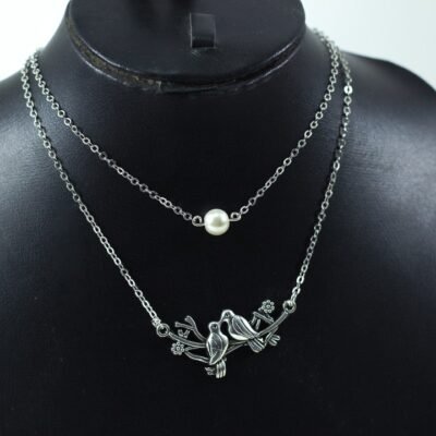 Necklace, white bead & birds