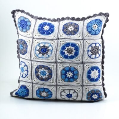 Cushion's Cover, white, with Blue & Grey flowers
