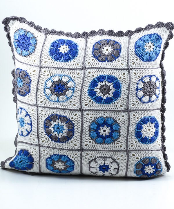 Cushion's Cover, white, with Blue & Grey flowers
